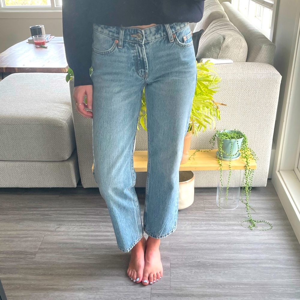 Low rise, straight leg, ankle length denim jeans